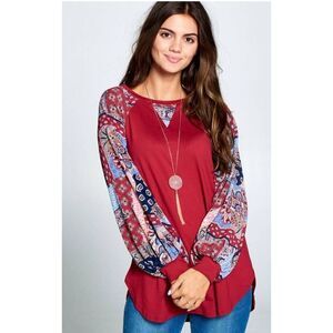 EMERALD Top 3XL Red Rayon Blend Patchwork Long Balloon Sleeve Raglan Blouse EUC